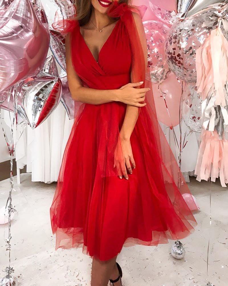 

Double V-Neck Layered Mesh Dress, Red