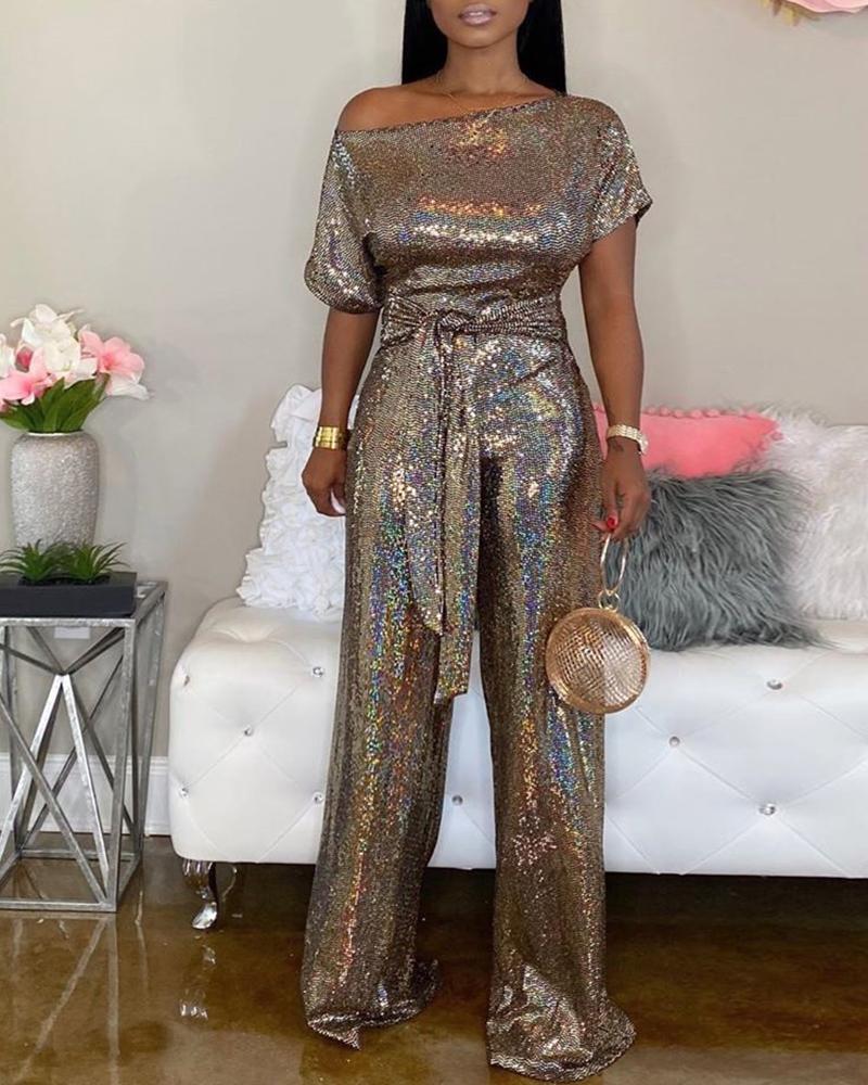 

Glitter Skew Neck Tied Wasit Jumpsuit, Silver