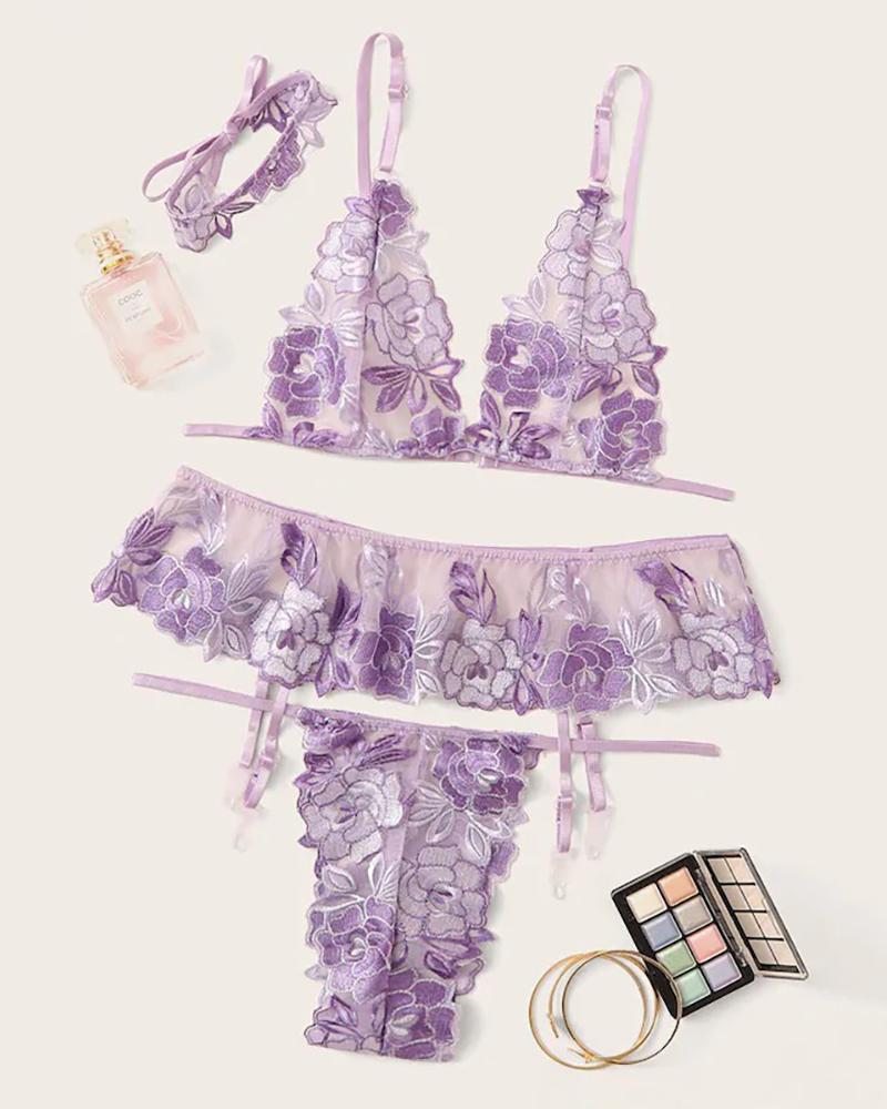 

Flower Embroidery Lace Garter Lingerie Set, Purple