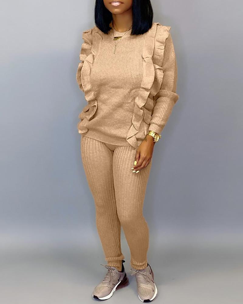 

Solid Frill Ribbed Long Sleeve Top & Pants Sets, Apricot