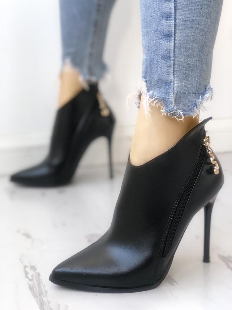 

Solid Zipper Design Pointed Toe Thin Heels, Black