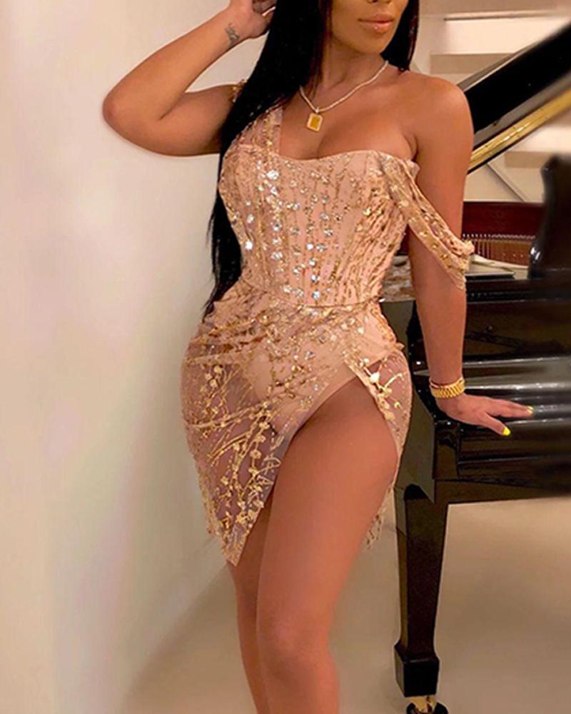 

Sequined Off Shoulder Tube Party Dress, Champagne