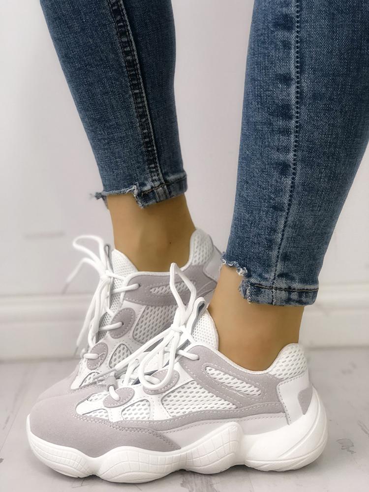 

Lace-Up Net Splicing Breathable Sneakers, White