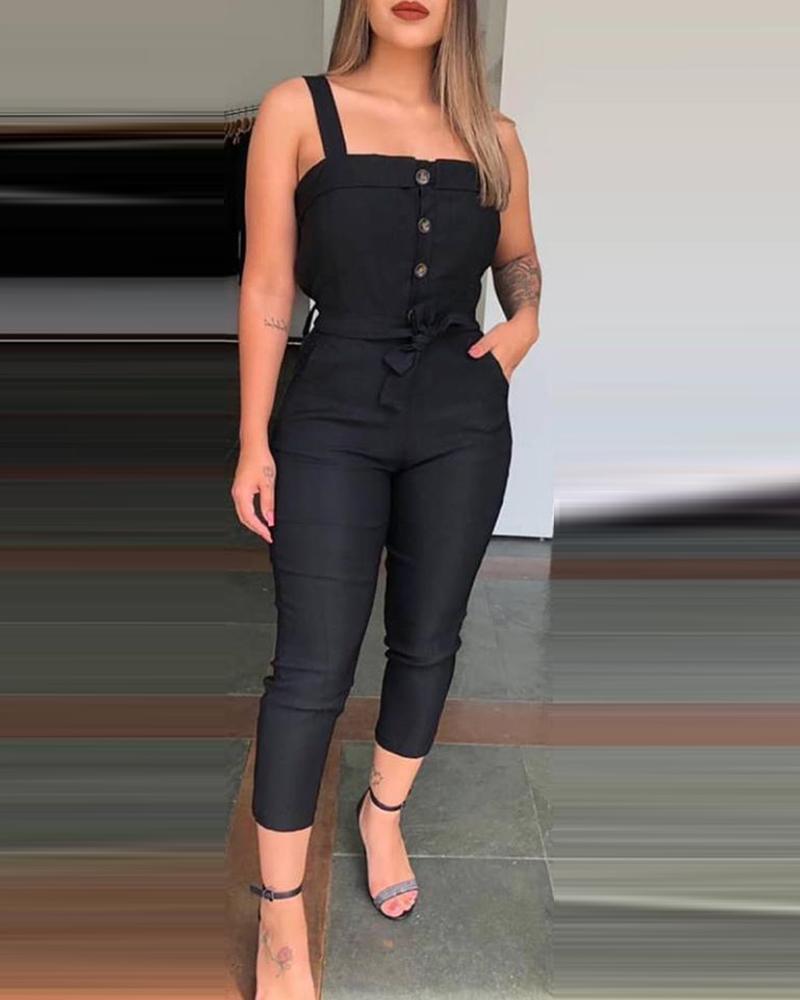 

Plain Buttoned Sleeveless Jumpsuit, Black