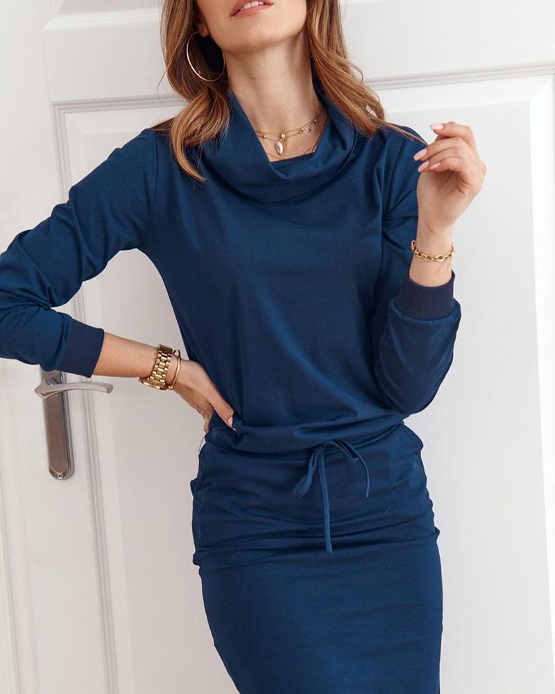 

Plain Turtleneck Pocket Design Long Sleeve Bodycon Dress, Blue