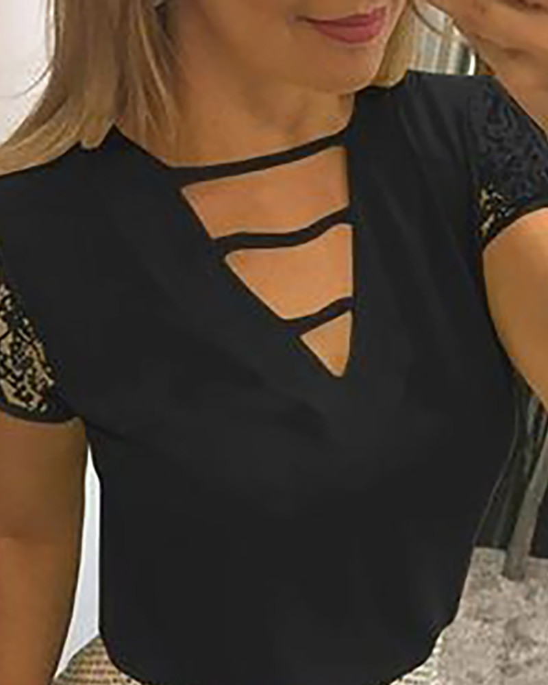 

Lace Insert Ladder Cutout Casual T-shirt, Black