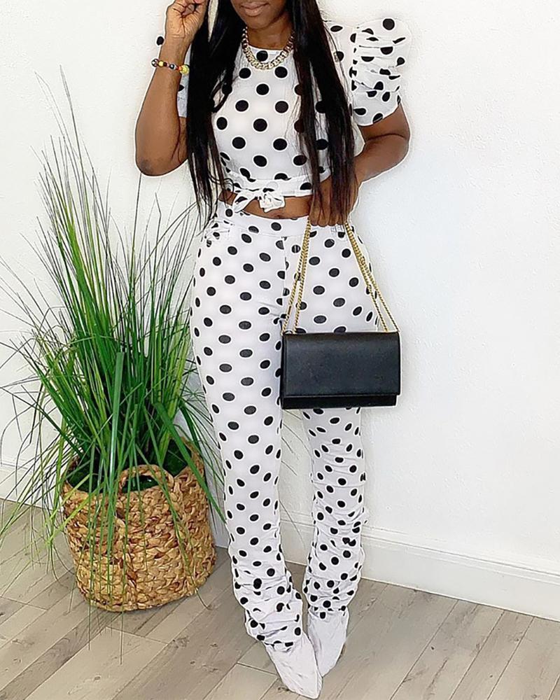 

Puff Sleeve Dot Top & Pants Set, White