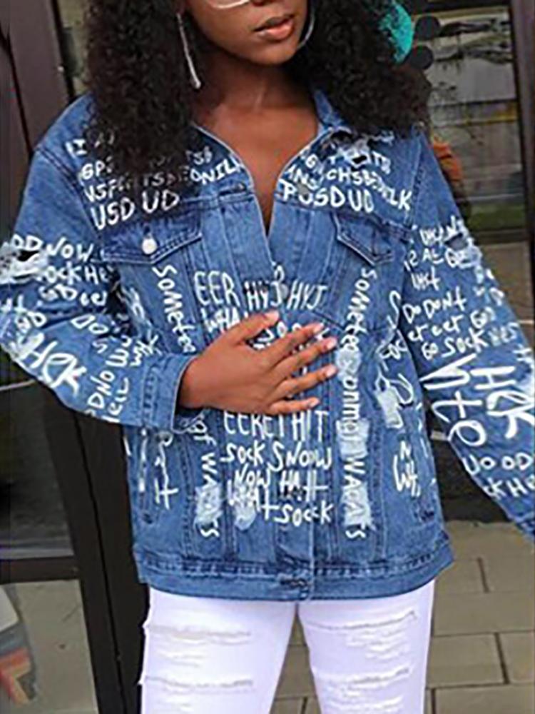

Denim Letter Print Ladder Slit Cut Coat, Light blue