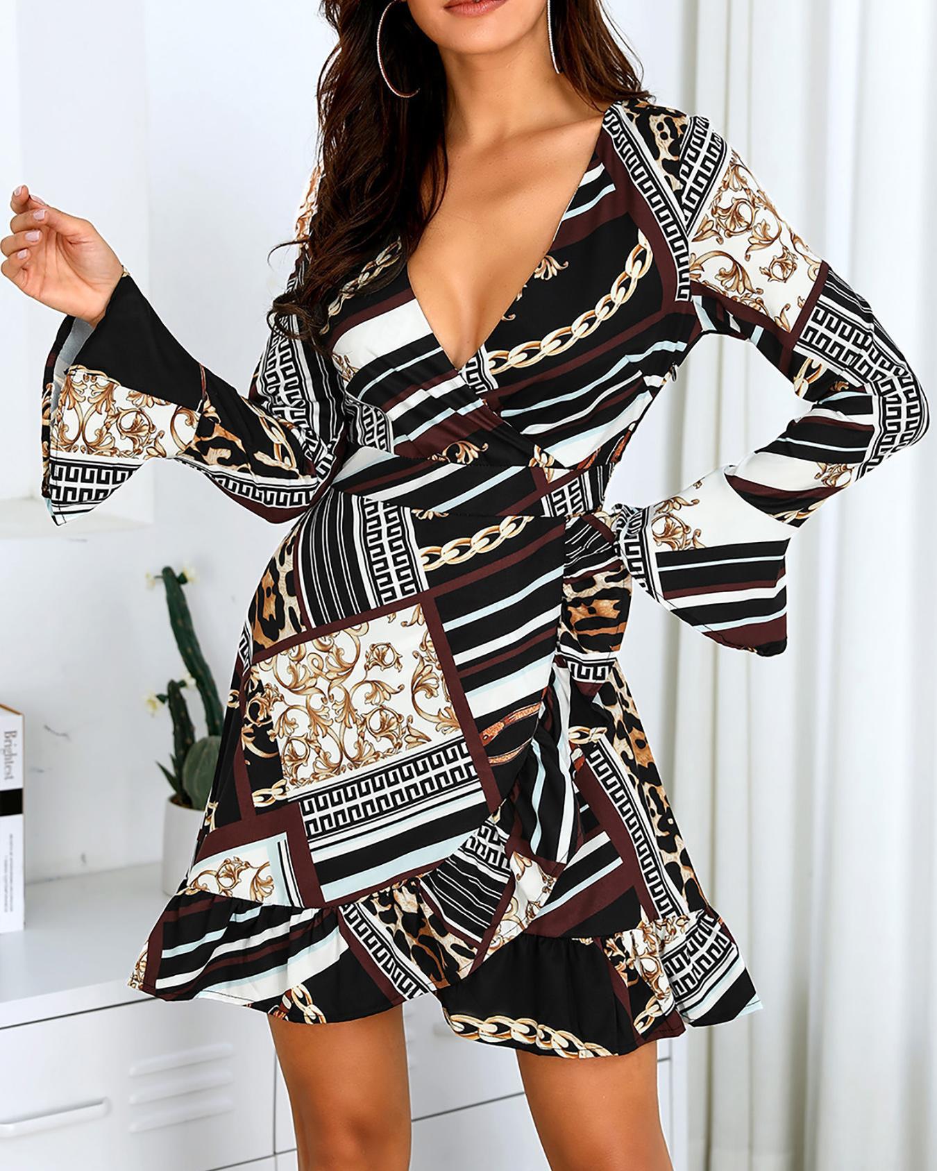 

Abstract Pattern Bell Sleeve Flounced Wrap Dress, Black