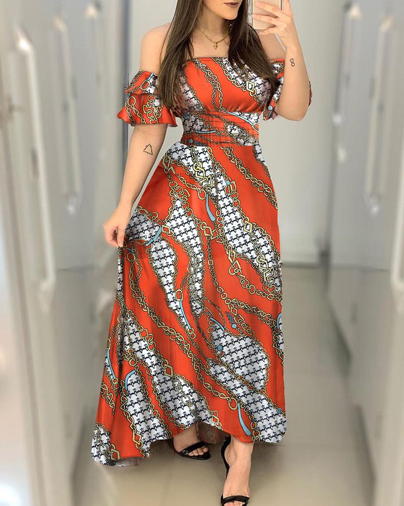 

Off Shoulder Chain Print Colorblock Ruffles Maxi Dress, Orange
