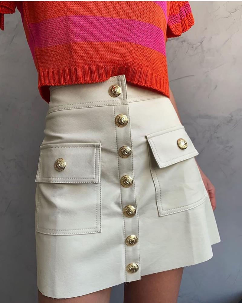 

Buttoned Pocket Design Pu Skirt, Beige
