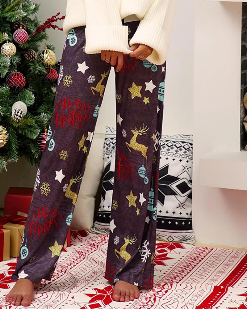

Christmas Mixed Print Wide Leg Casual Pants, Style1