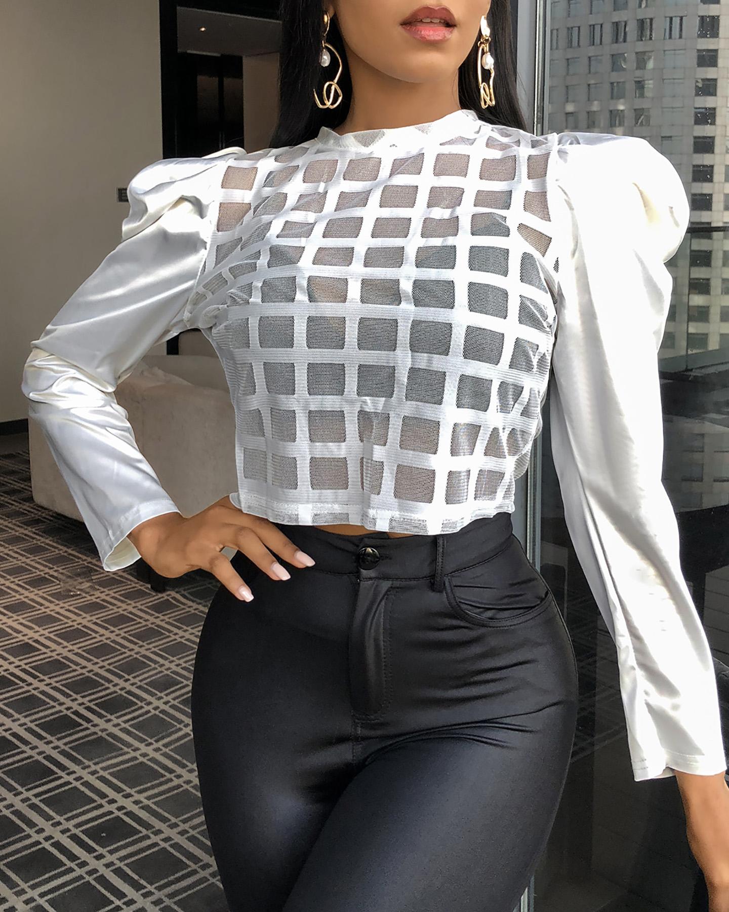 

Puff Sleeve Sheer Mesh Plaid Crop Top, White