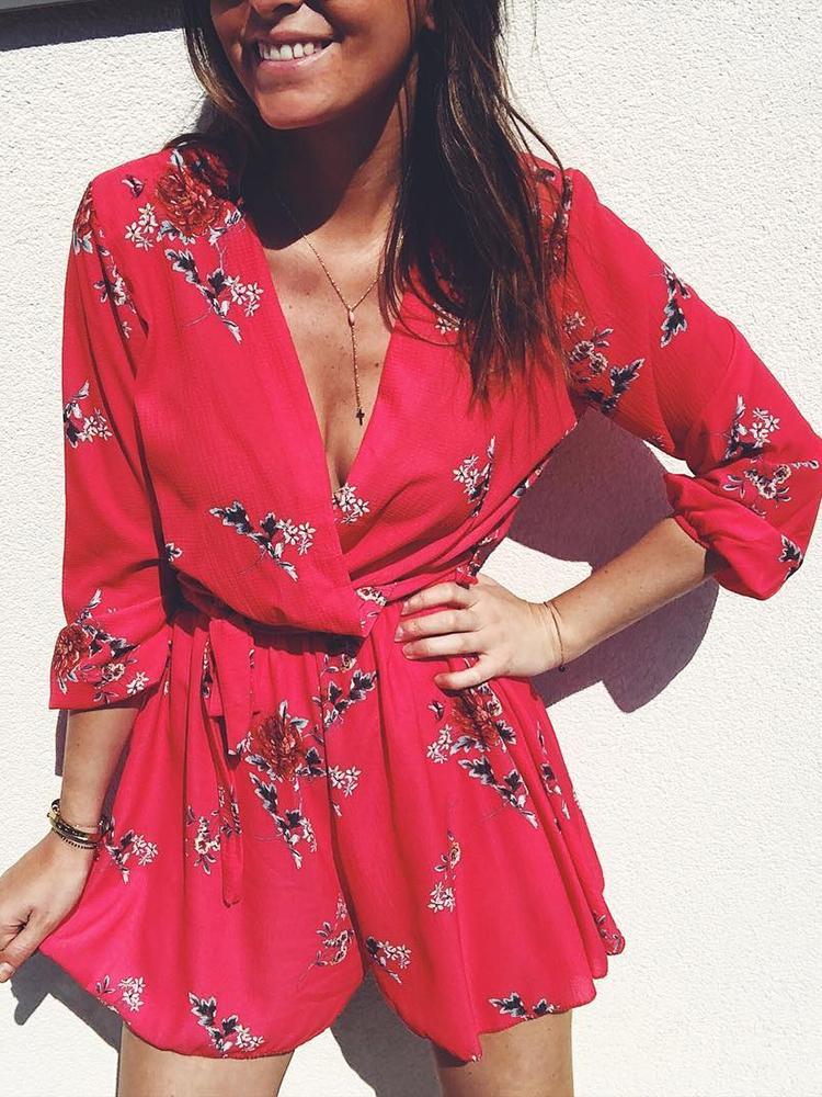 

Fashion Floral Tie Waist Wrap Romper