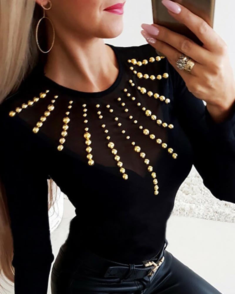 

Studded Embellish Mesh Splicing T-Shirt, Black