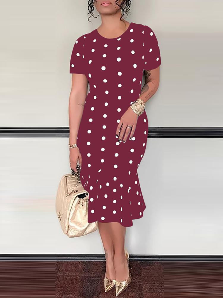 

Dot Print Flounced Hem Bodycon Dress, Wine red