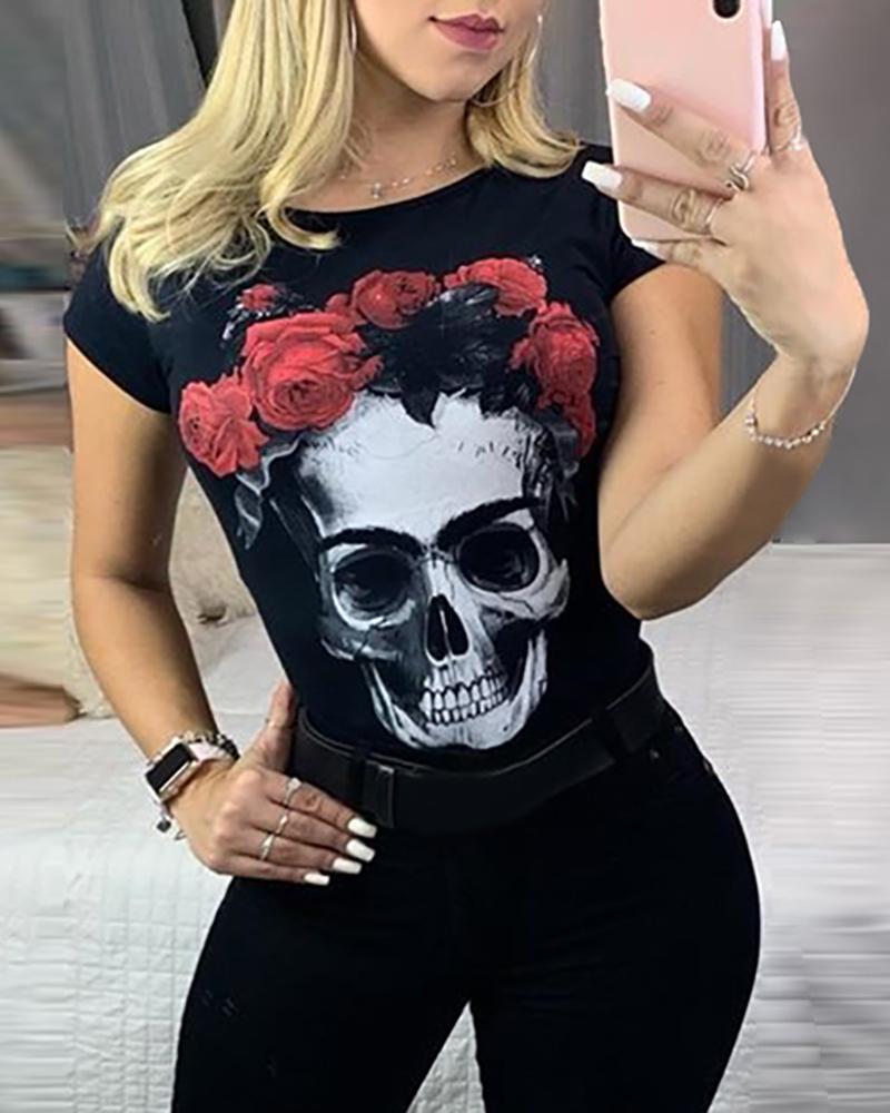 

Skull Print Short Sleeve T-Shirt, Black