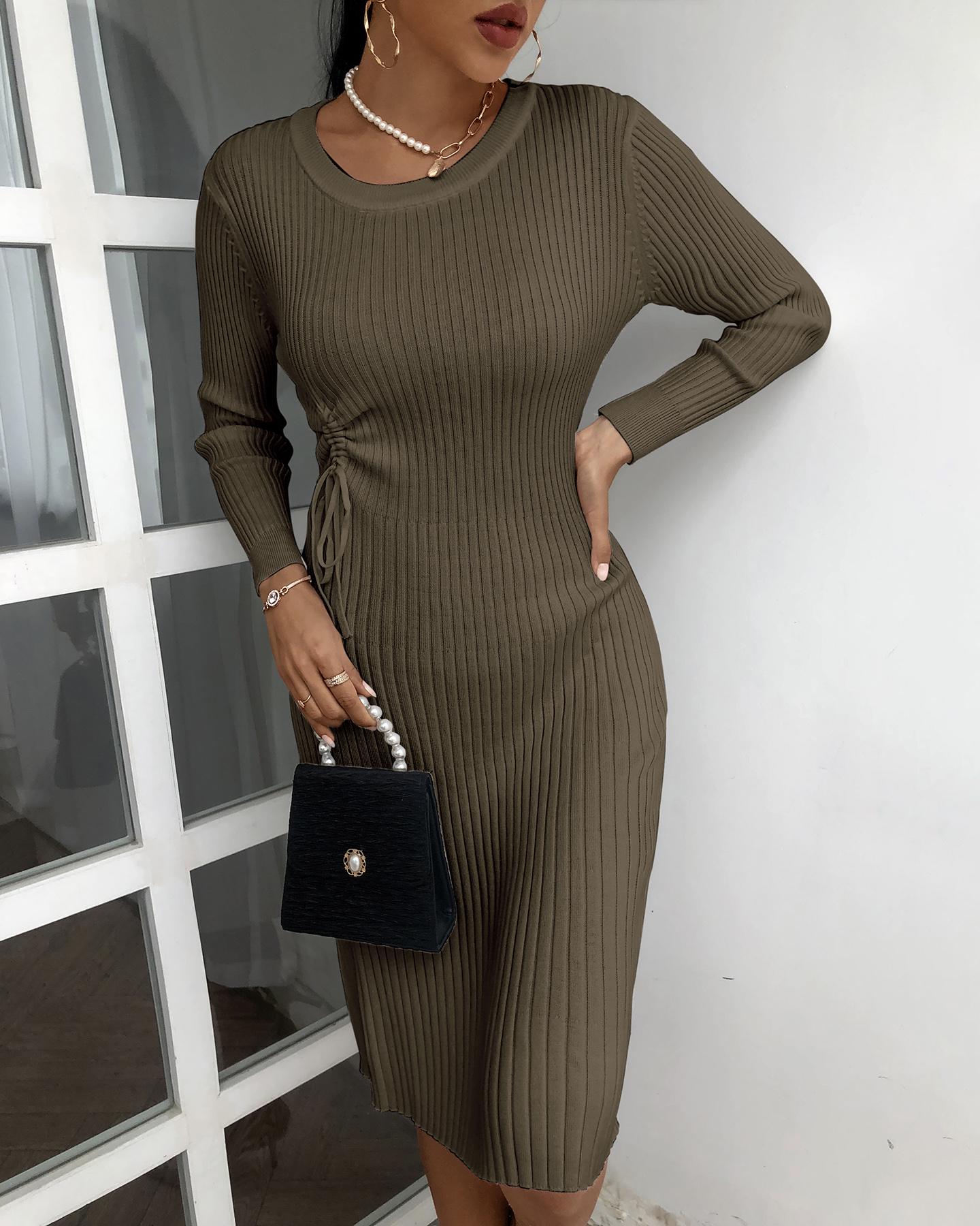

Plain Drawstring Ribbed Sweater Midi Dress, Green