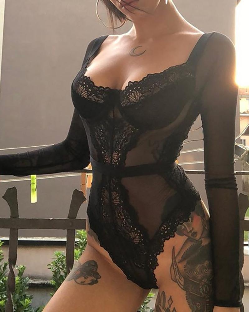 

Crochet Lace Sheer Mesh Teddy, Black