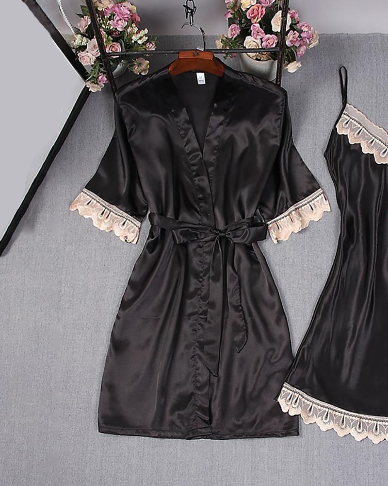 

Satin Lace Trim Cami Dress & Robe Set, Black
