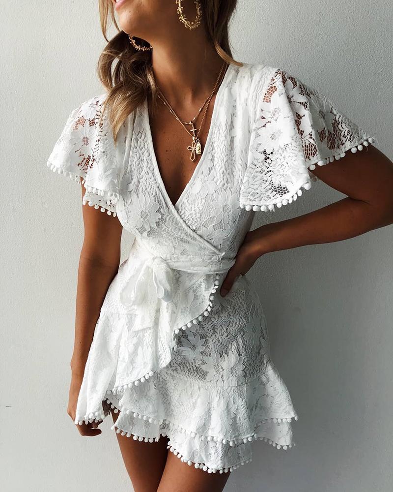 

Pom Pom Crochet Lace Ruffles Dress, White