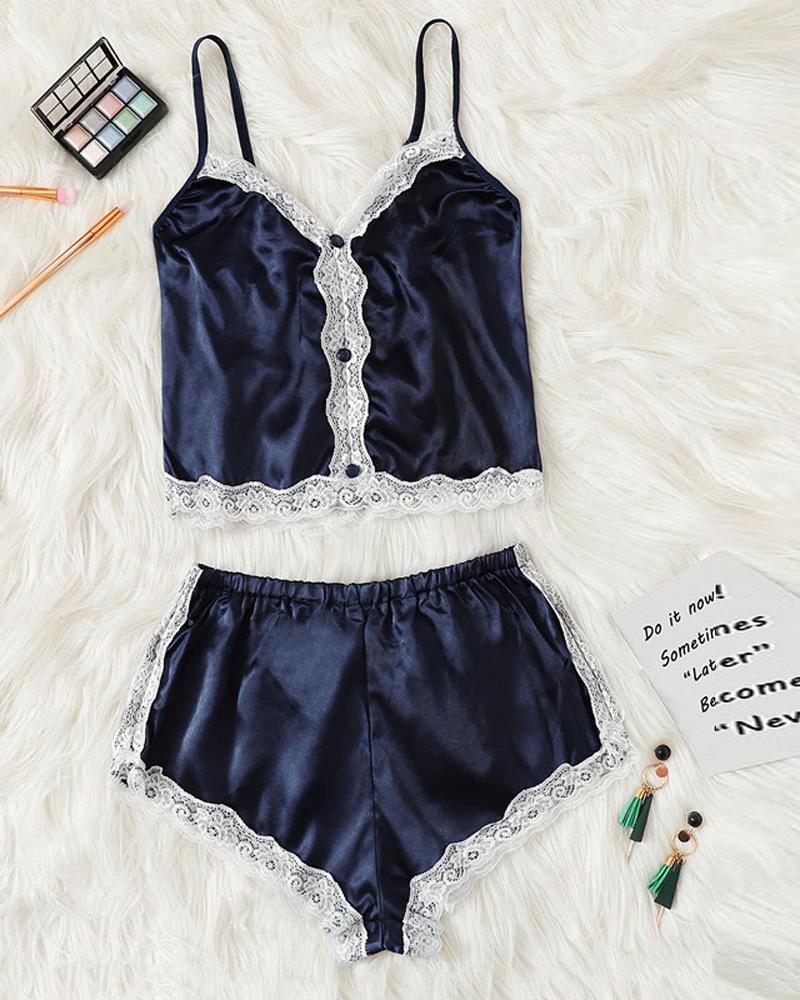 

Satin Spaghetti Strap Cami Set, Blue