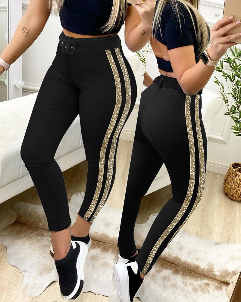 

Striped Tape High Waist Pants, Black