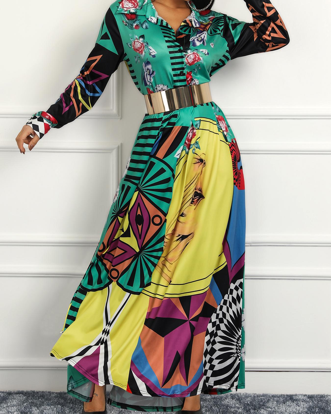 

Mixed Print Long Sleeve Shirt Dress
