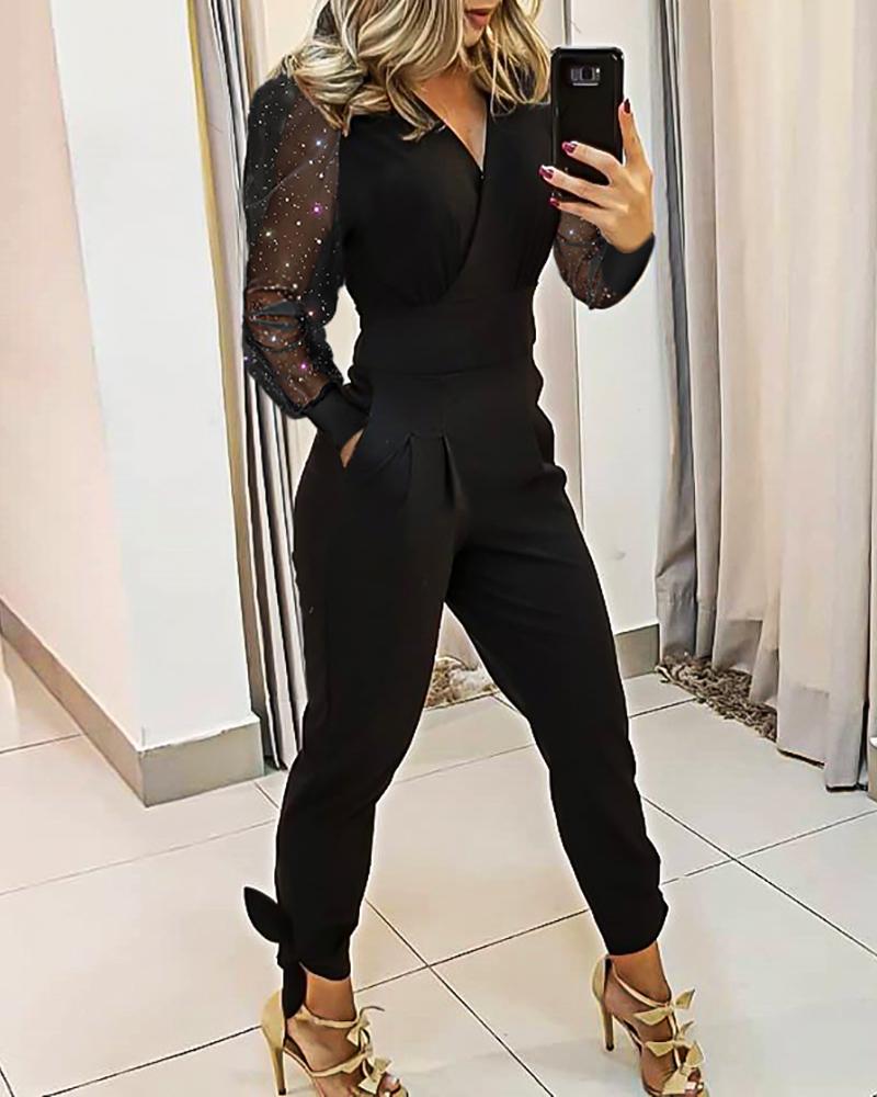 

V Neck Mesh Sleeve Tied Detail Jumpsuit, Black