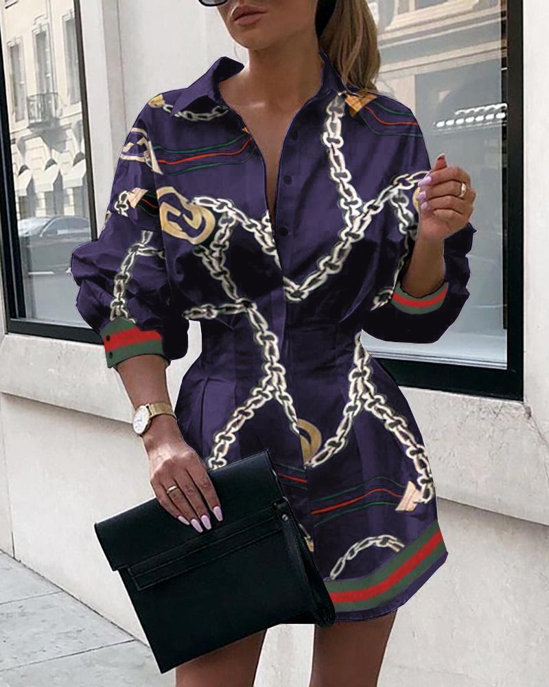 

Chain Print Tight Waist Shirt Dress, Purplish blue
