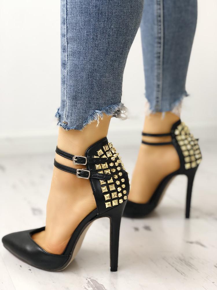 

Rivet Embellished Buckle Strap Thin Heeled Sandals, Black