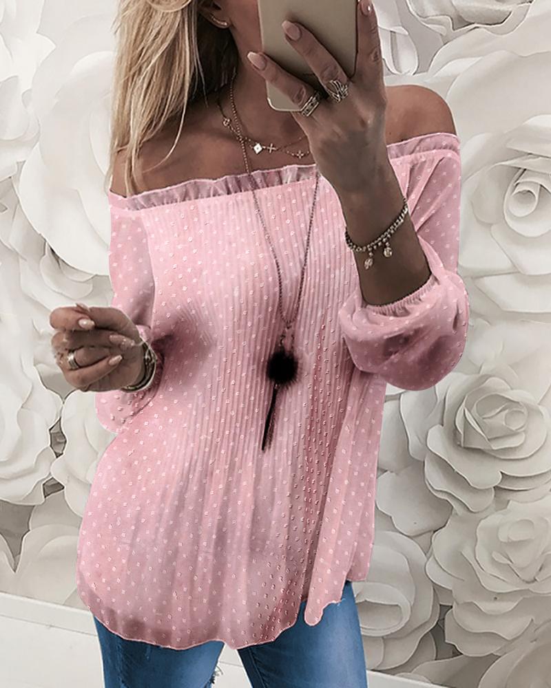

Off Shoulder Swiss Dot Frill Hem Blouse, Pink