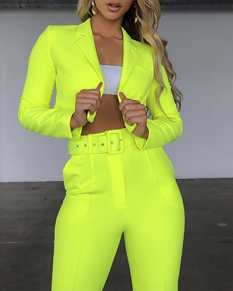 

Long Sleeve Crop Blazer Coat & Pockets Design Pants Sets, Green
