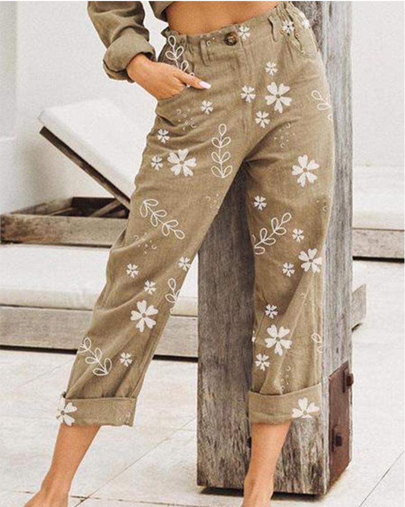 

Floral Button Front Pants, Khaki