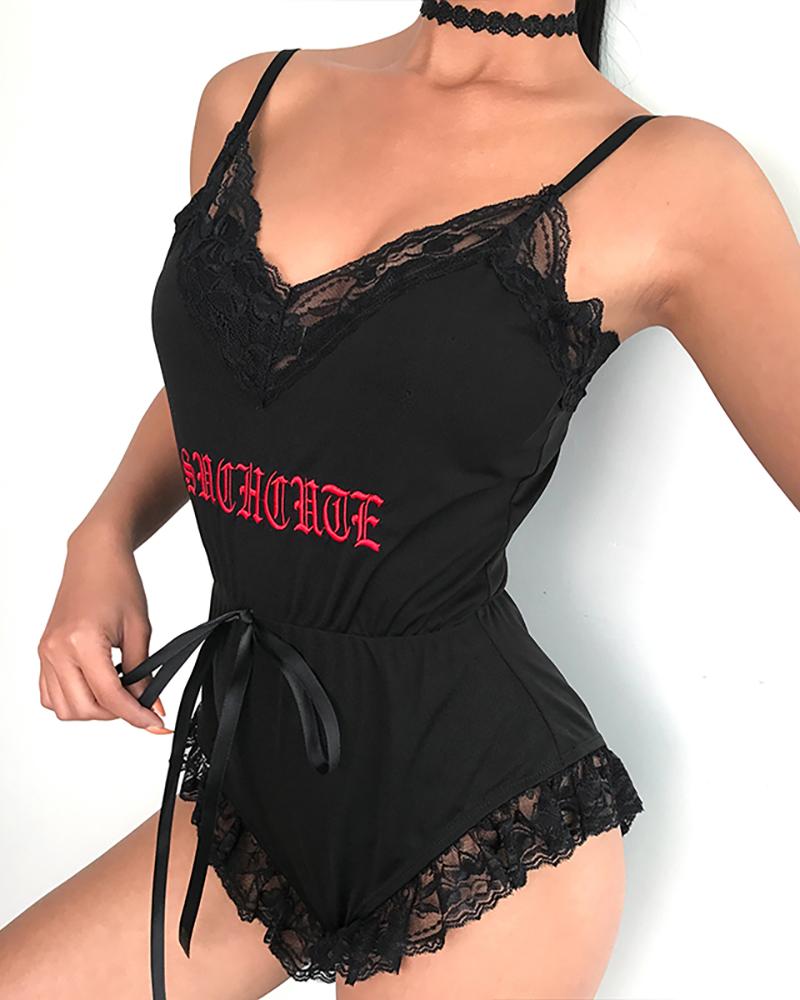 

Spaghetti Strap Lace Trim Bodysuit, Black