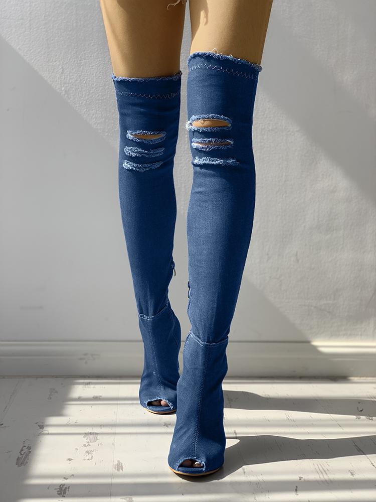 

Denim Knee-High Zipper Ripped Open Toes Boots