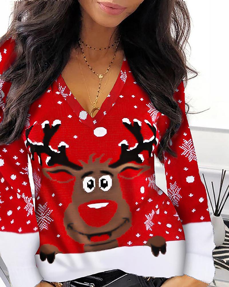 

Christmas Reindeer Print Long Sleeve Top, Red