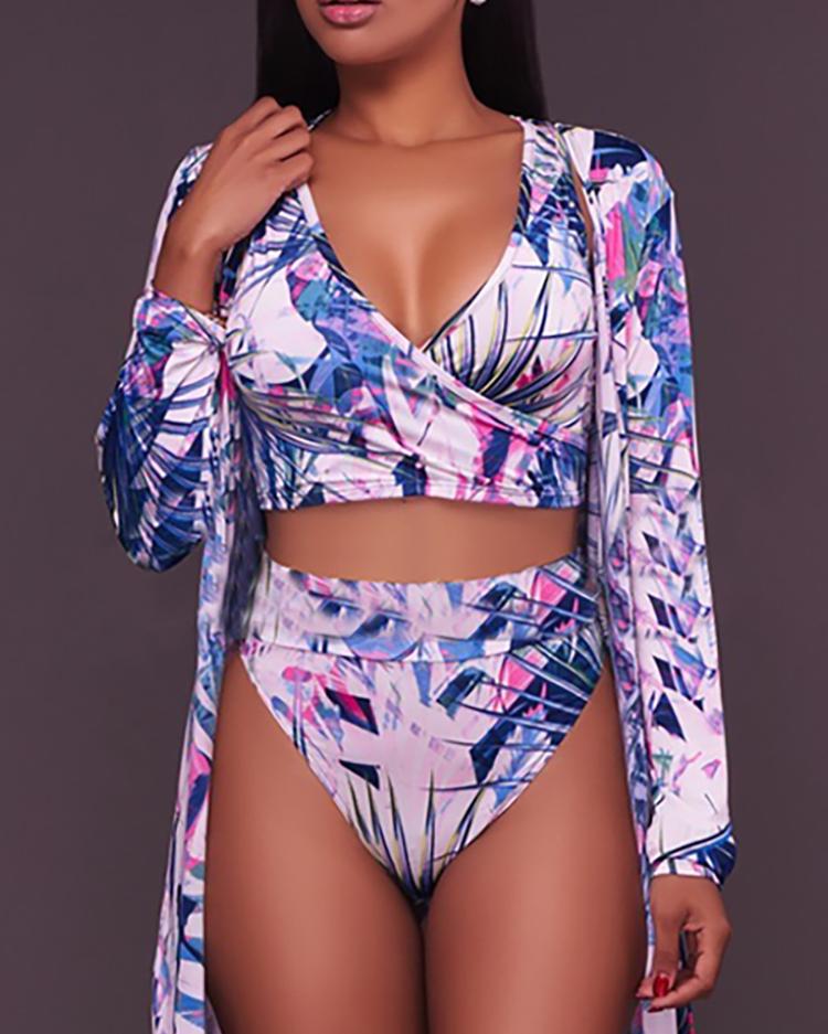 

3PCS Print Tankini Set With Cover Up, Purple