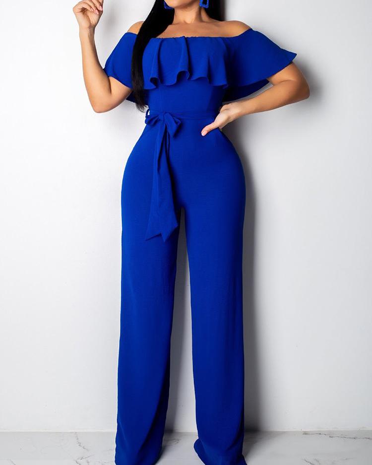 

Off Shoulder Loose Ruffle Jumpsuit, Blue