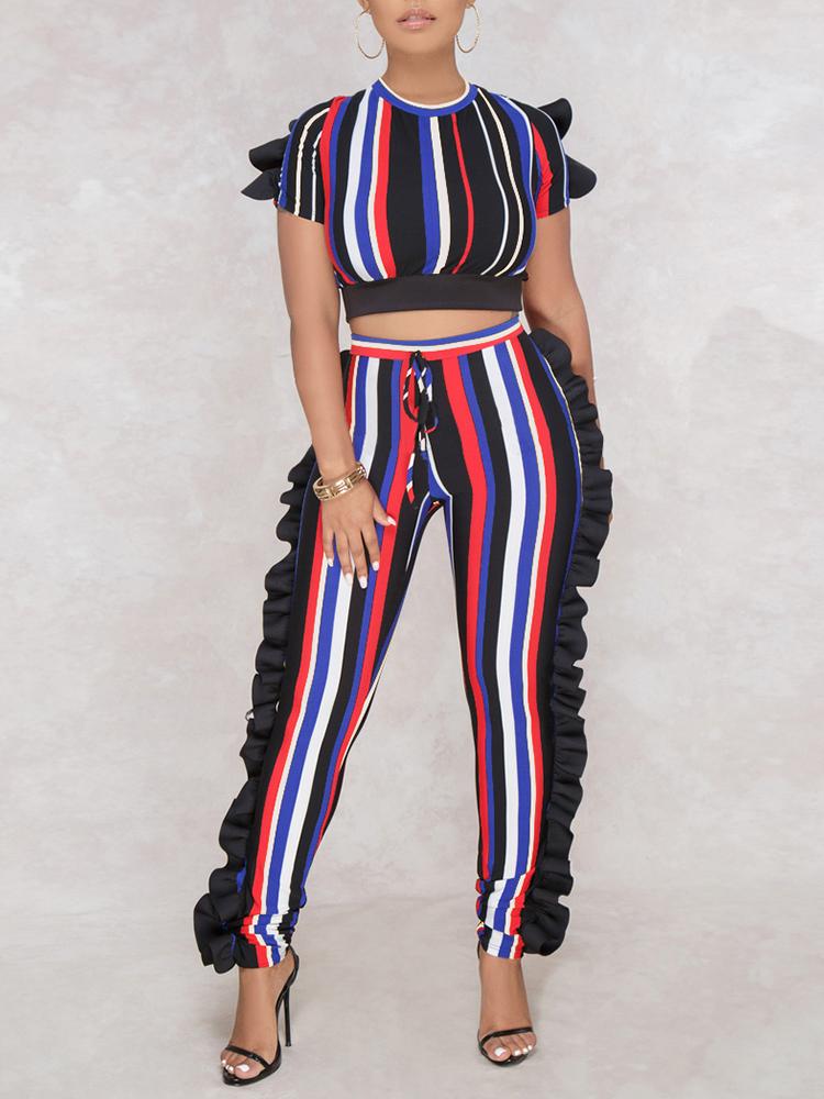 

Colorful Stripe Print Ruffles Cropped Pants Set, Multicolor