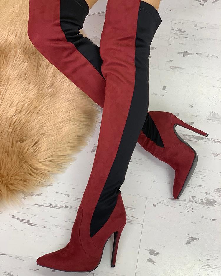 

Contrast Color Splicing Over The Knee Boots, Red