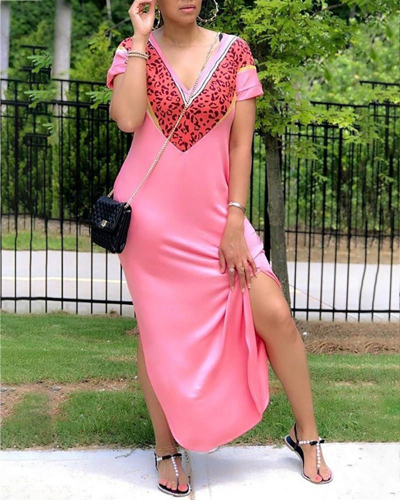 

Colorblock Cheetah Print Slit Casual Maxi Dress, Pink