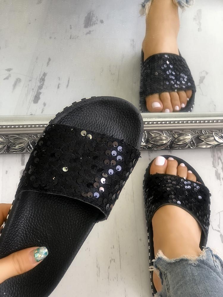 

Rivet Sequins Embellished Peep Toe Flat Sandals, Black