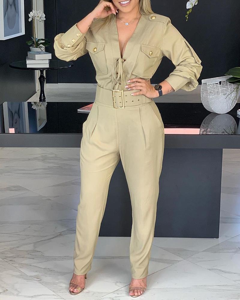 

Solid Buttoned Pocket Design Cargo Jumpsuit, Khaki