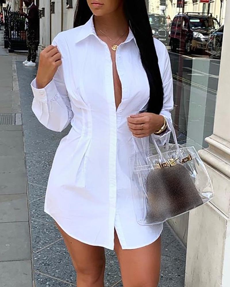 

Solid Tight Waist Buttoned Shirt Dress, White