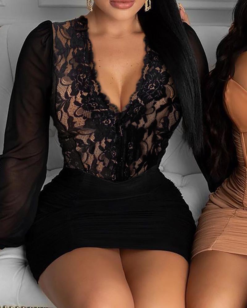 

Eyelash Lace Sheer Mesh Ruched Bodycon Dress, Black