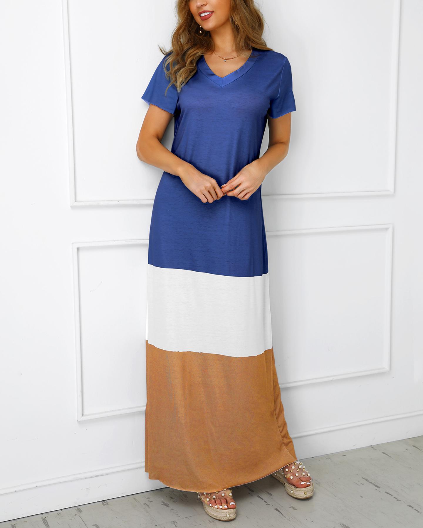 

V Neck Short Sleeve Colorblock Maxi Dresses, Blue