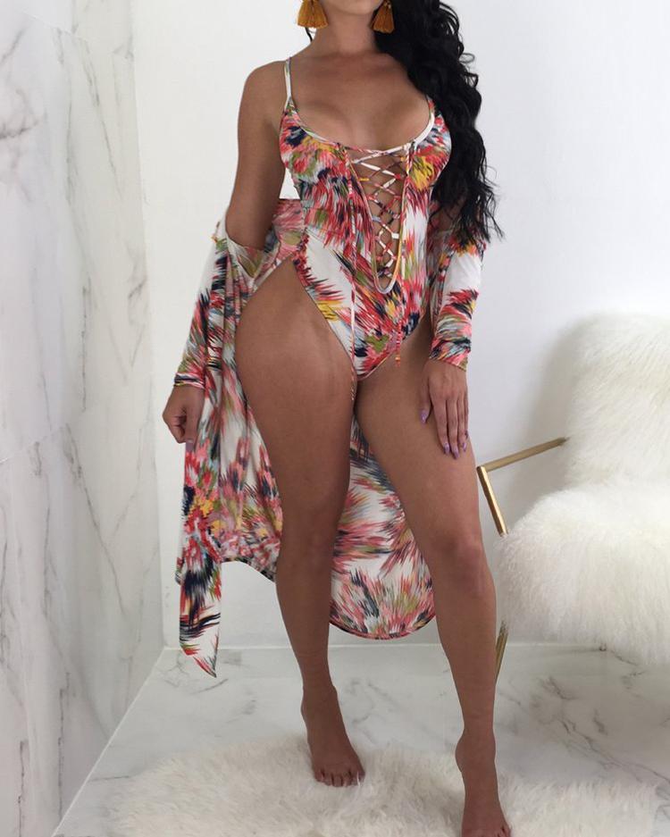 

2PCs Lace-up Print One-piece Swimwear Cover Ups, Pink