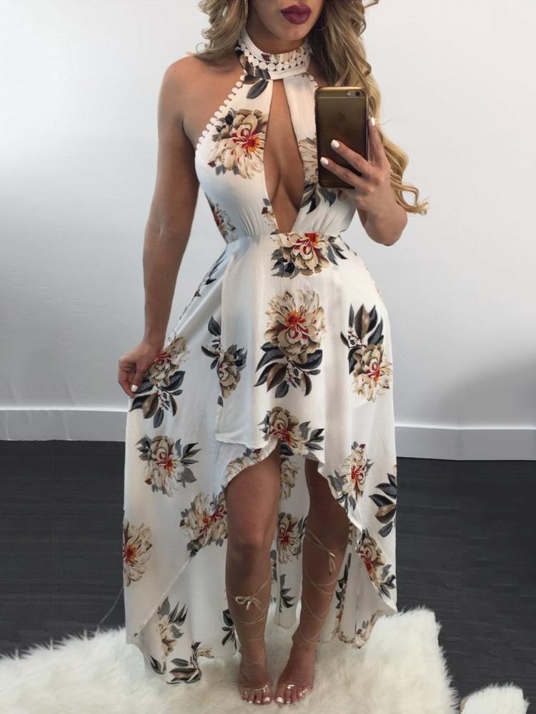 

Keyhole Design Halter Bare Back High-low Maxi Dress, White