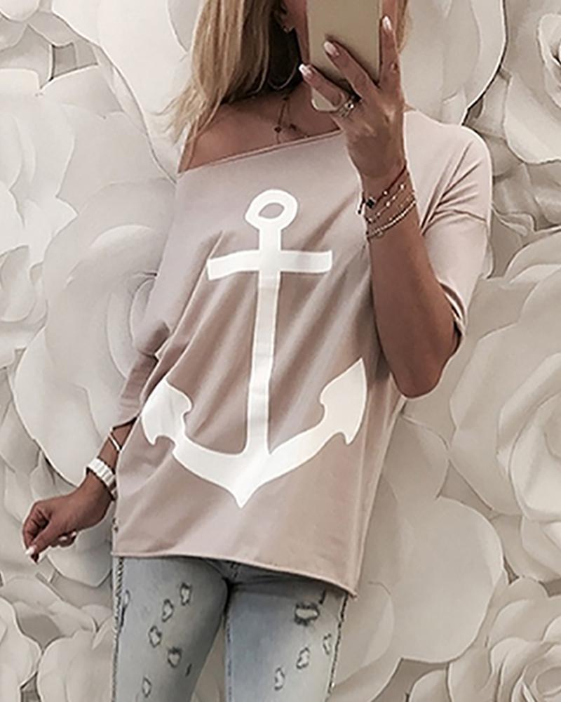 

Anchor Print Skew Neck Casual Blouse, Apricot